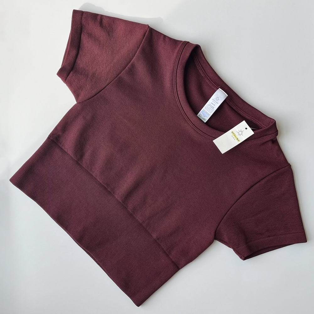 NWT Aerie Offline Sidewalk Seamless Crop Top Tshirt Maplewood Burgundy